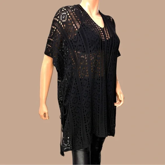 90s Black Open Knit Lace Crochet Tunic M/ L Side Cinch Y2K Dark Fairy WimsiGoth - Picture 6 of 11